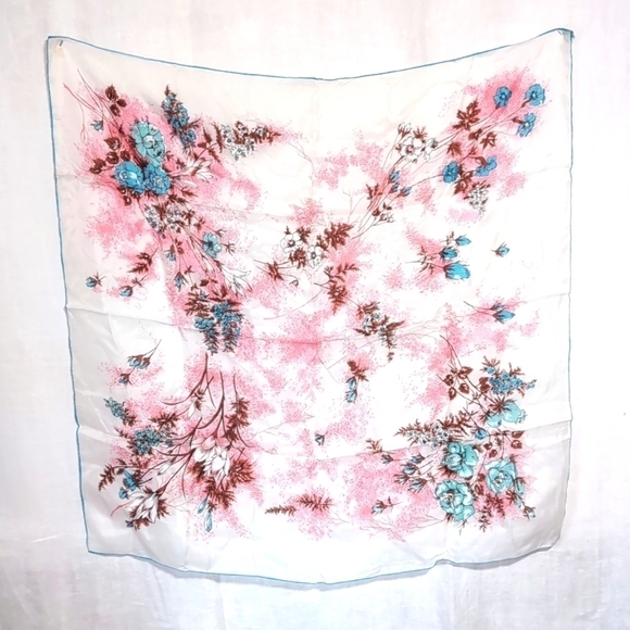 Momme Accessories - Vintage Momme Rayon Silk White Floral Square Scarf Hanky